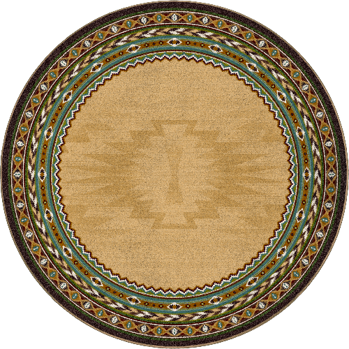 Round rug with geometric pattern on a beige background
