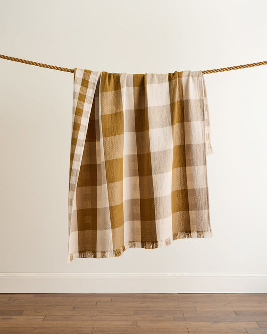 Block Plaid Organic Cotton Fringed Throw | Ochre/Ivory
