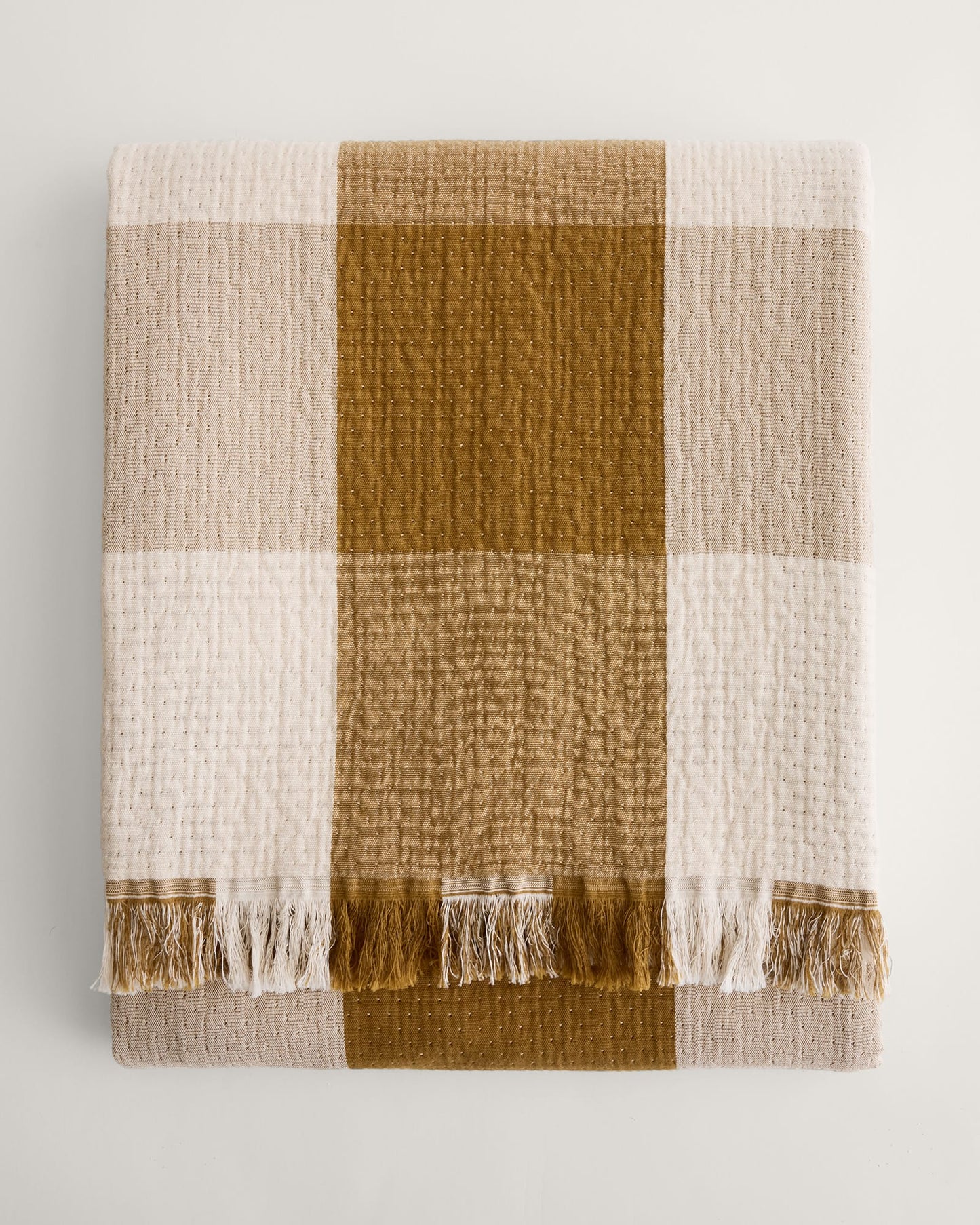 Block Plaid Organic Cotton Fringed Throw | Ochre/Ivory