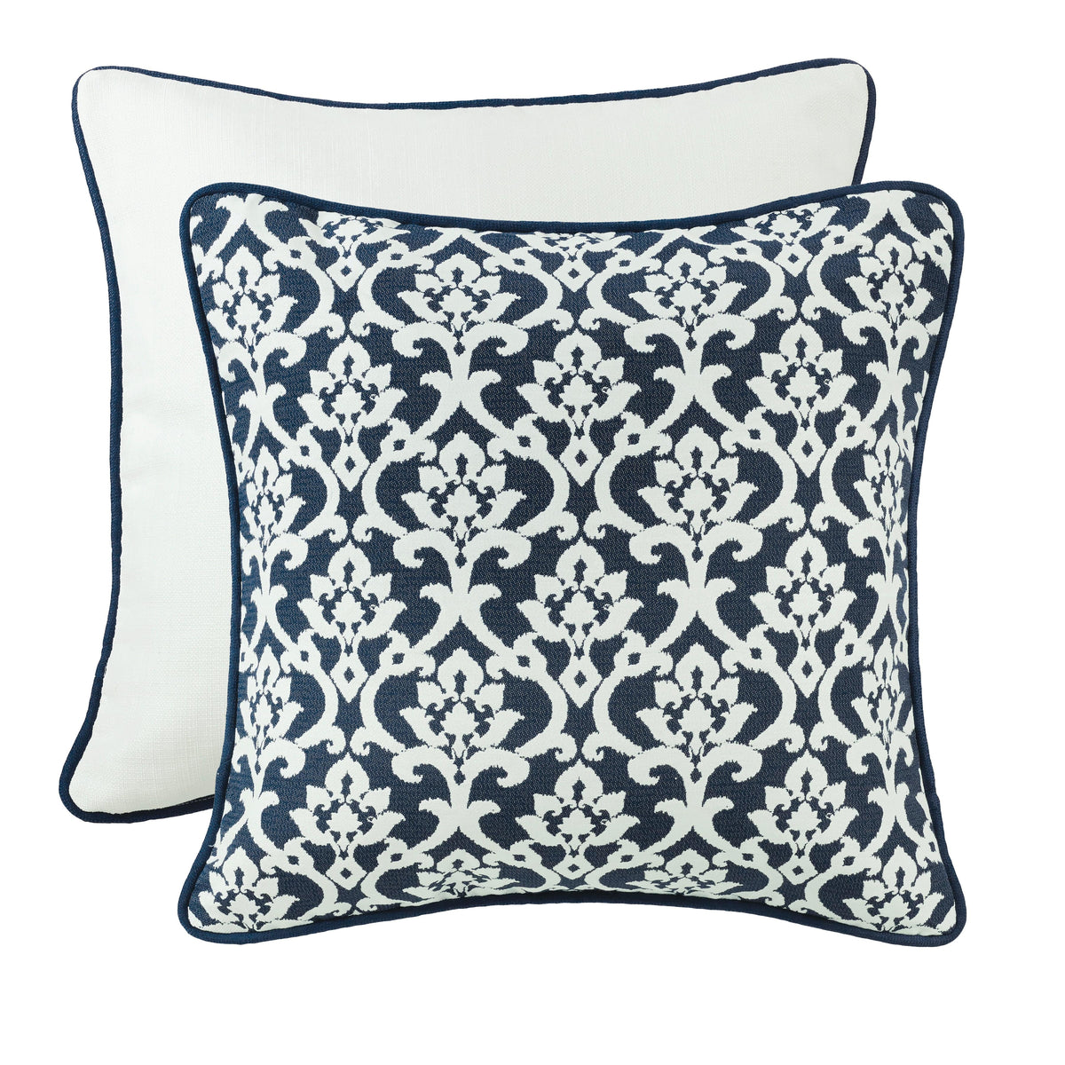 Navy & White Floral Jacquard Piping Detailed Euro Sham