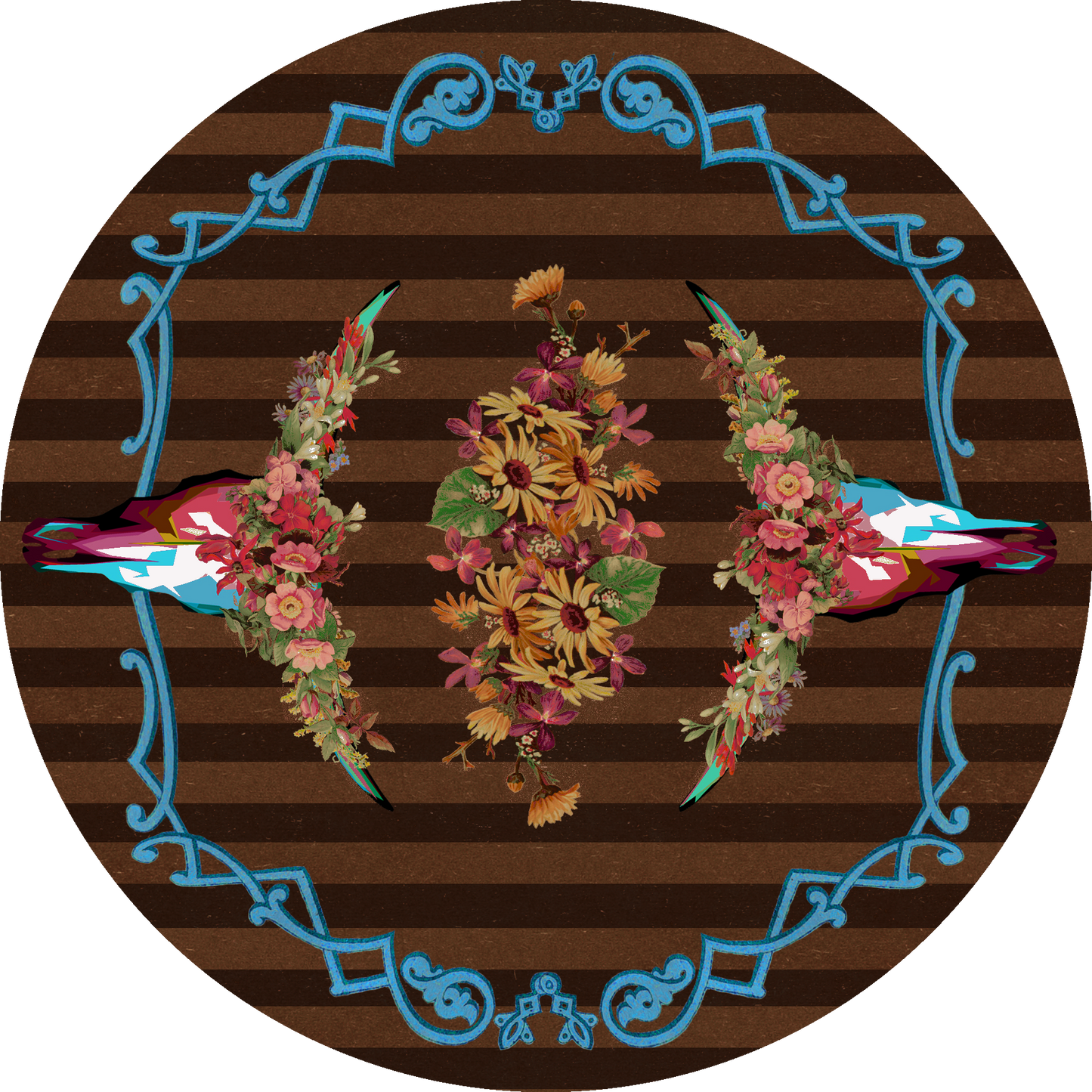 Ruiz Floral Longhorn Rug – Chocolate – close up