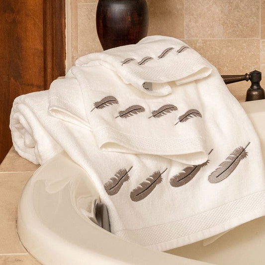 Embroidered Feather White Towel Set, 3 Pc