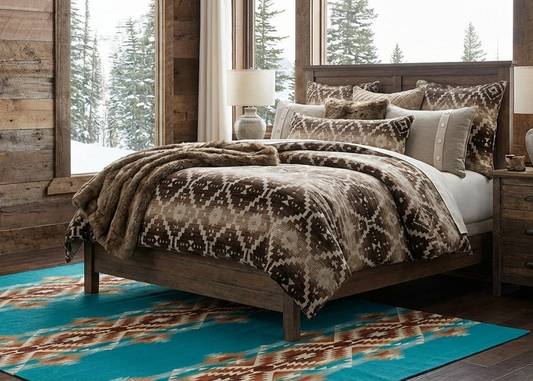 Cozy bedroom with wooden furniture, patterned rug, and fireplace.