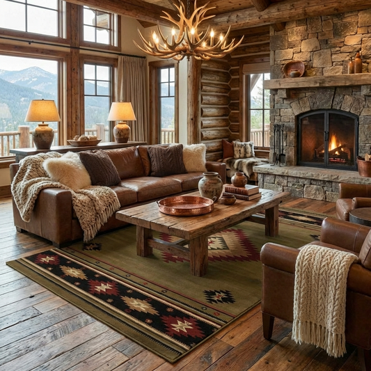 Cozy living room with brown leather sofa, stone fireplace, and wooden coffee table.