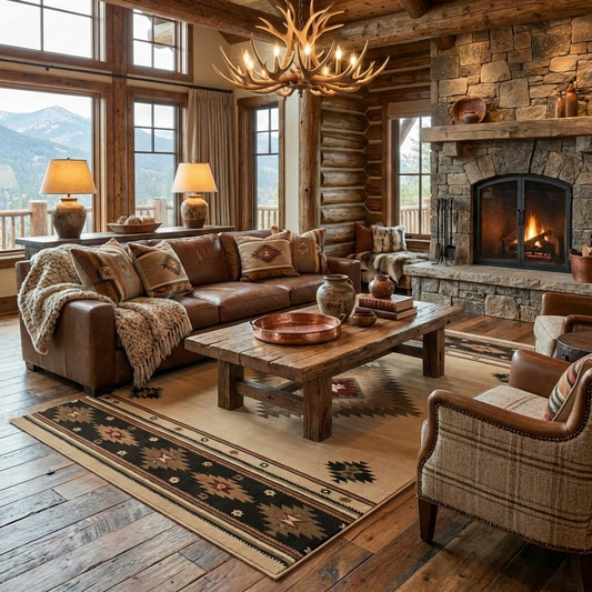 Cozy living room with wooden furniture, stone fireplace, and mountain view.