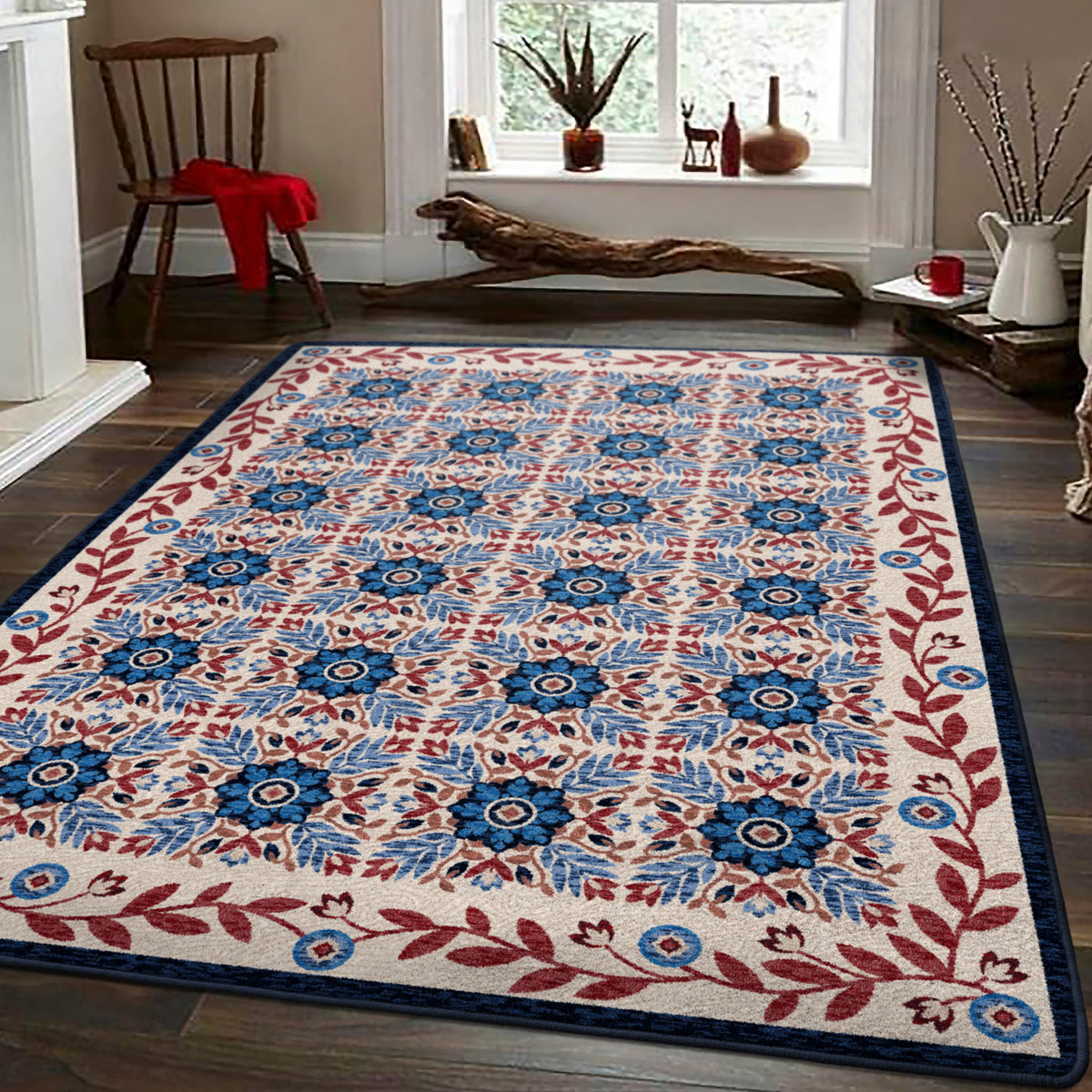United Quilt Rug – Antique Red White & Blue – close up