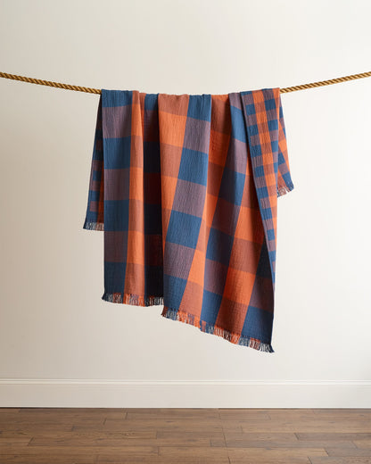 Block Plaid Organic Cotton Fringed Throw | Copper/Indigo