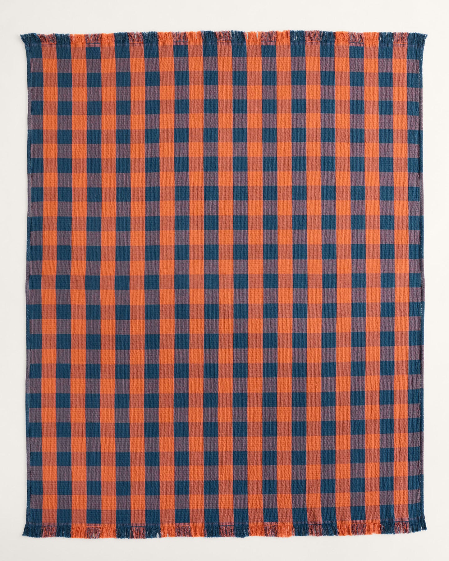 Block Plaid Organic Cotton Fringed Throw | Copper/Indigo