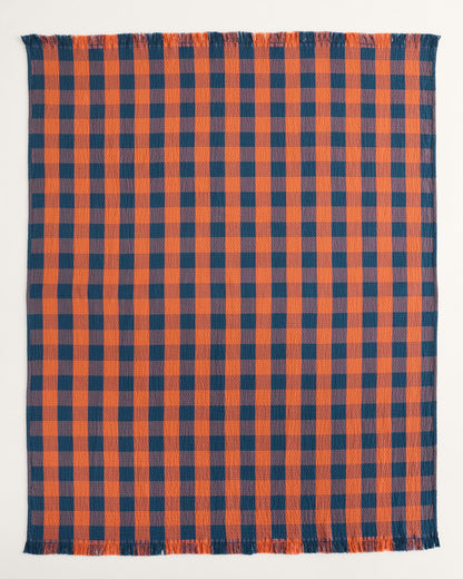 Block Plaid Organic Cotton Fringed Throw | Copper/Indigo