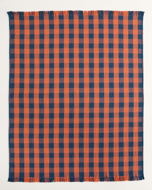 Block Plaid Organic Cotton Fringed Throw | Copper/Indigo