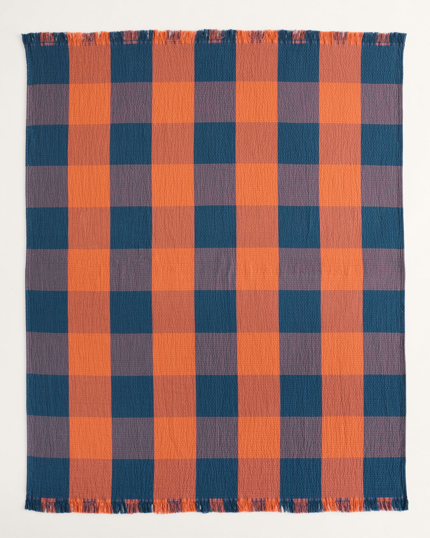 Block Plaid Organic Cotton Fringed Throw | Copper/Indigo
