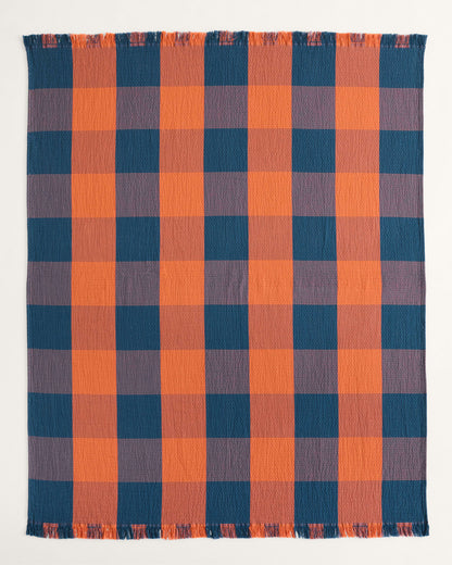 Block Plaid Organic Cotton Fringed Throw | Copper/Indigo