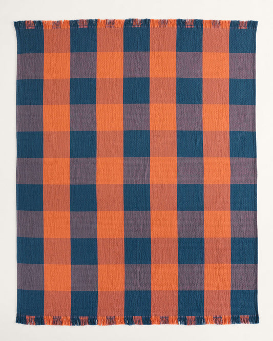 Block Plaid Organic Cotton Fringed Throw | Copper/Indigo