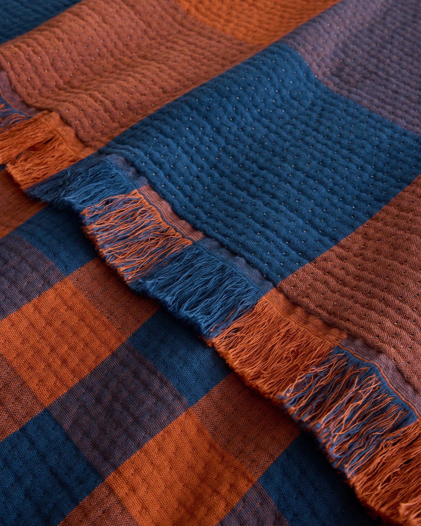 Block Plaid Organic Cotton Fringed Throw | Copper/Indigo