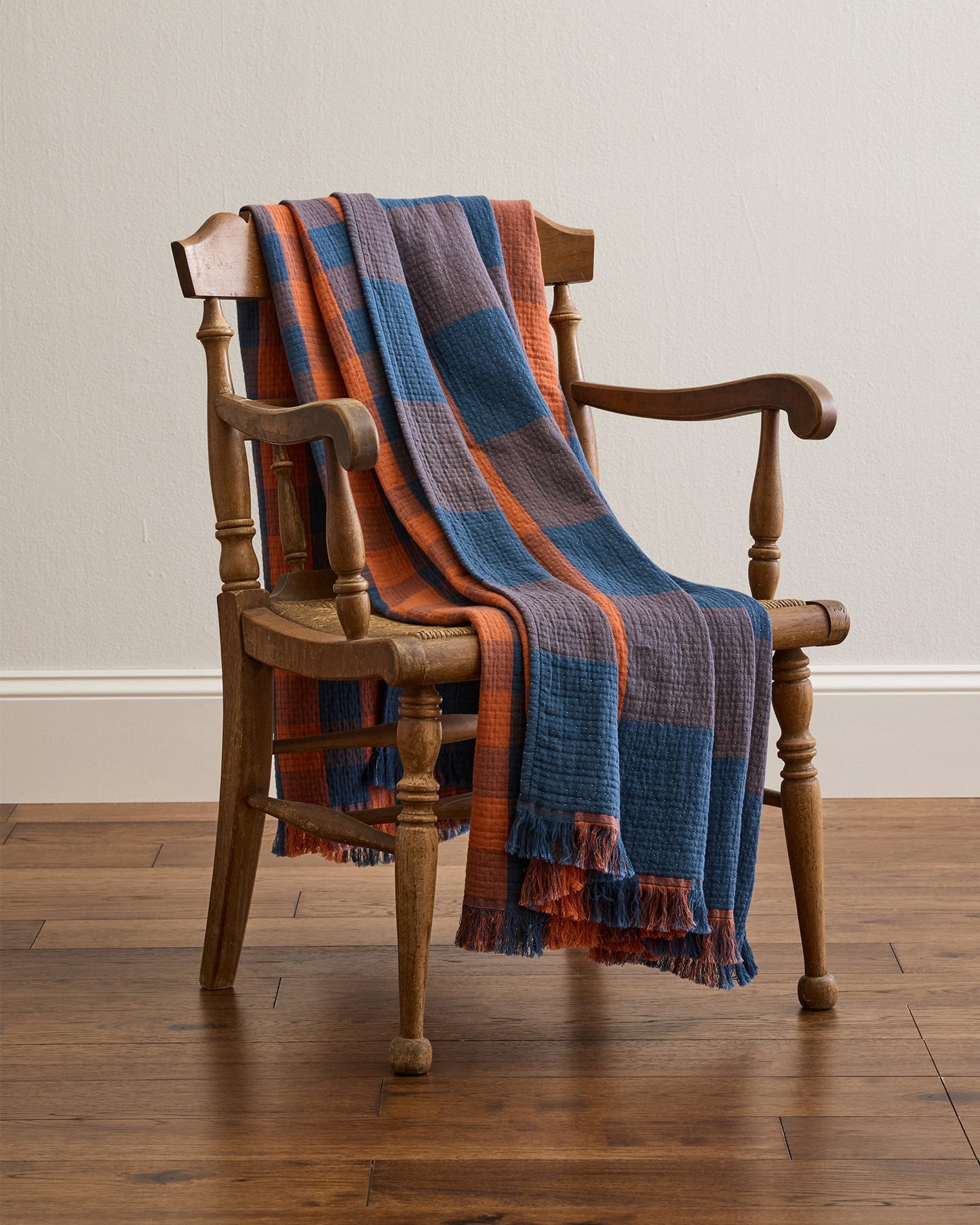 Block Plaid Organic Cotton Fringed Throw | Copper/Indigo