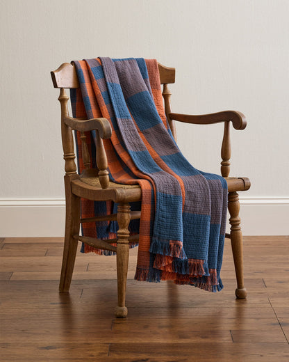 Block Plaid Organic Cotton Fringed Throw | Copper/Indigo