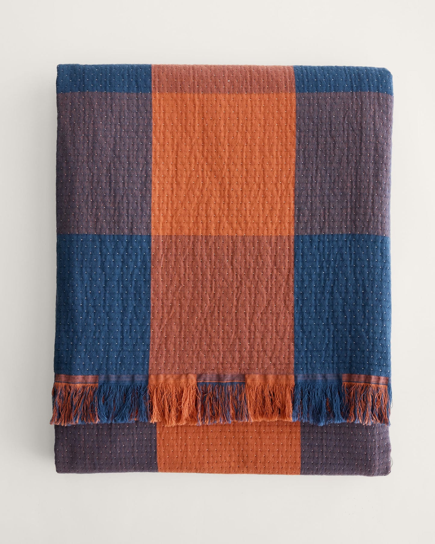 Block Plaid Organic Cotton Fringed Throw | Copper/Indigo