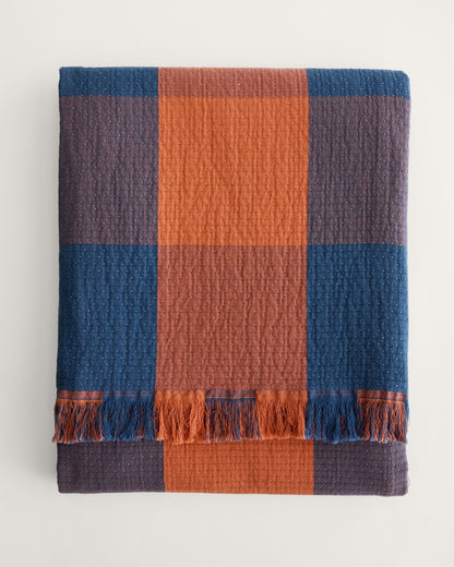 Block Plaid Organic Cotton Fringed Throw | Copper/Indigo