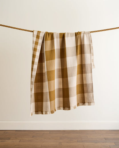 Block Plaid Organic Cotton Fringed Throw | Ochre/Ivory