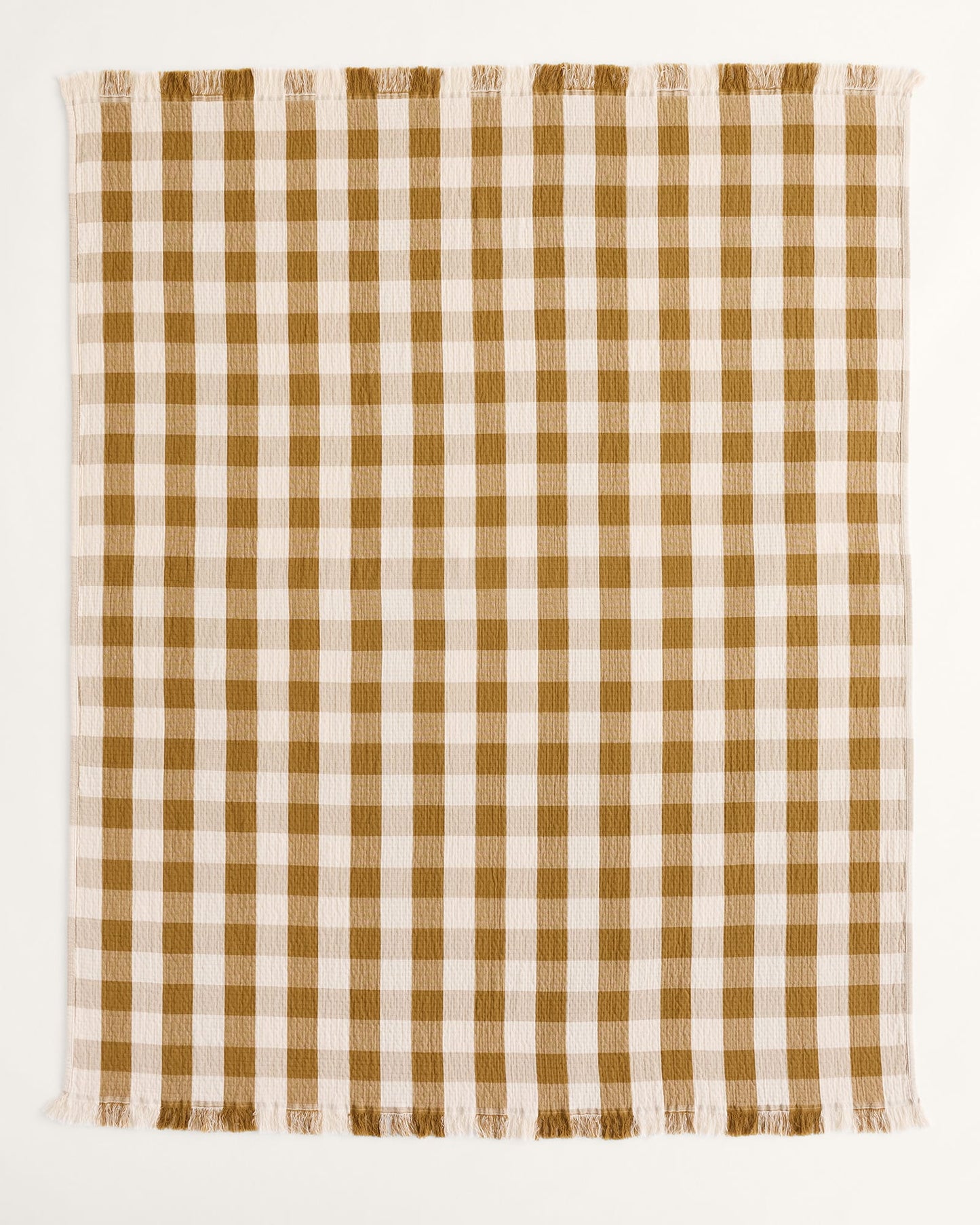 Block Plaid Organic Cotton Fringed Throw | Ochre/Ivory