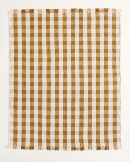Block Plaid Organic Cotton Fringed Throw | Ochre/Ivory