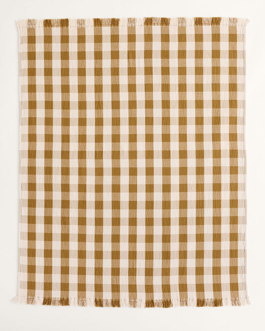 Block Plaid Organic Cotton Fringed Throw | Ochre/Ivory