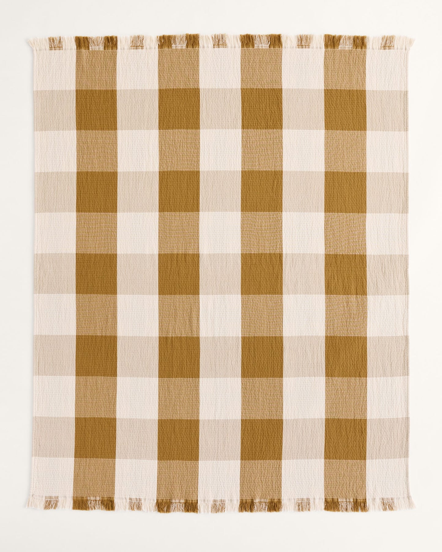 Block Plaid Organic Cotton Fringed Throw | Ochre/Ivory