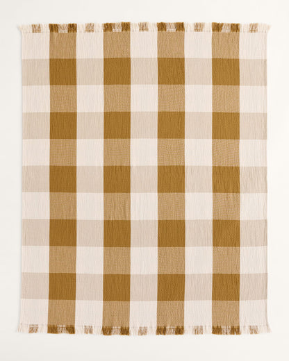 Block Plaid Organic Cotton Fringed Throw | Ochre/Ivory