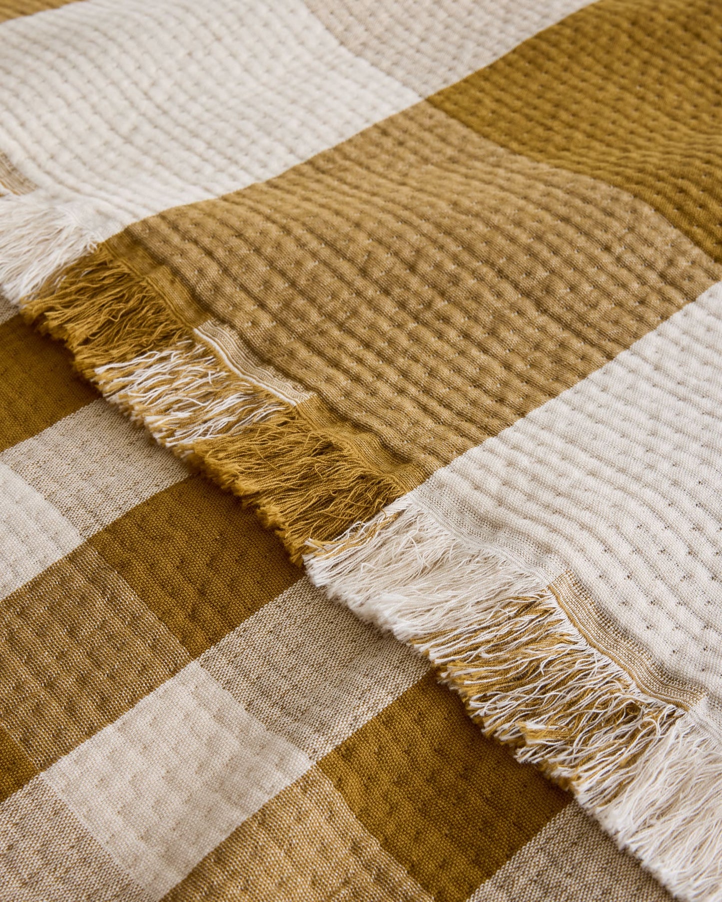 Block Plaid Organic Cotton Fringed Throw | Ochre/Ivory