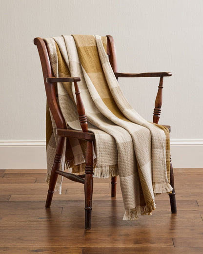 Block Plaid Organic Cotton Fringed Throw | Ochre/Ivory