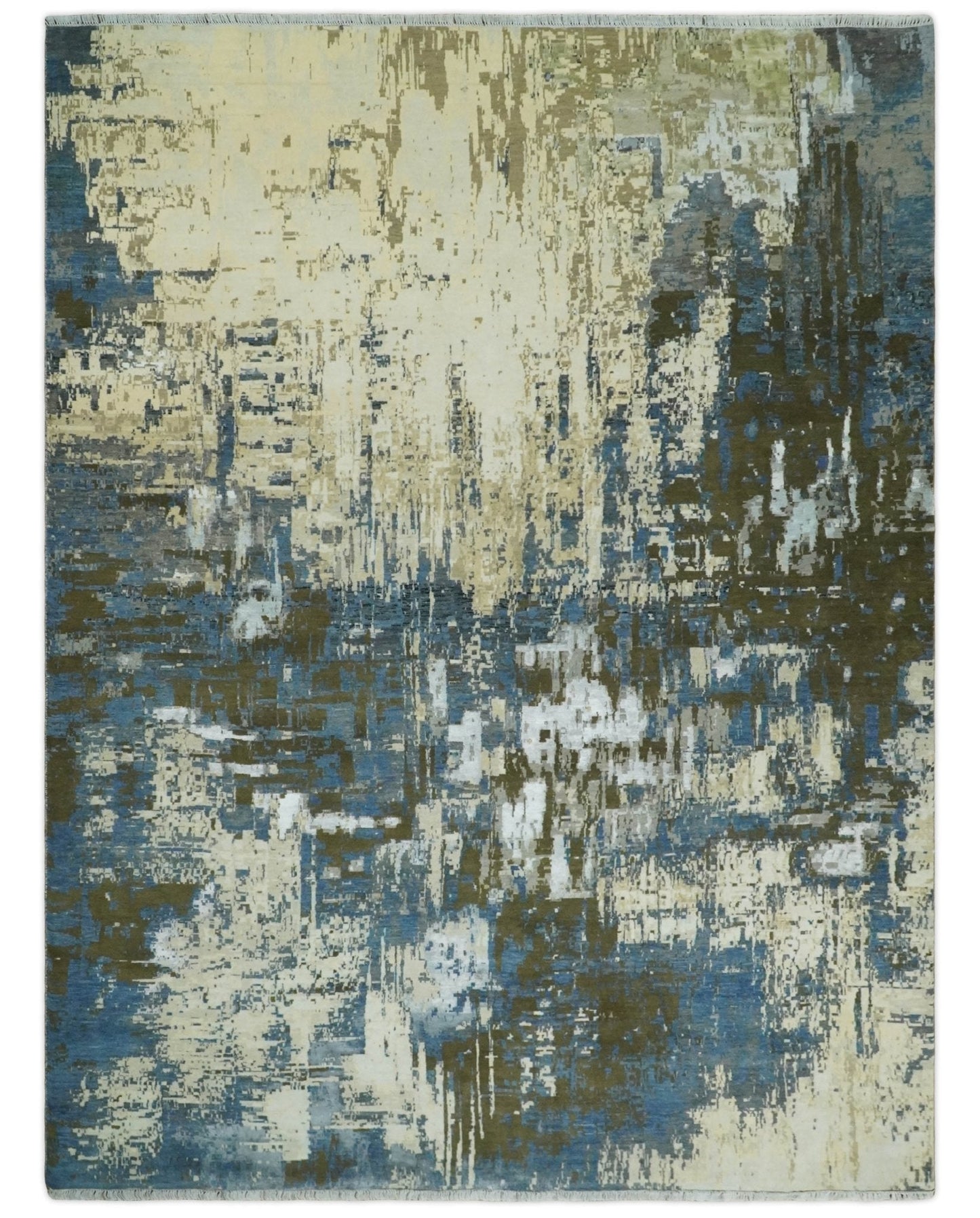 9x12 Fine Hand Knotted Beige and Blue Modern Abstract Style Antique Wool and Silk Area Rug