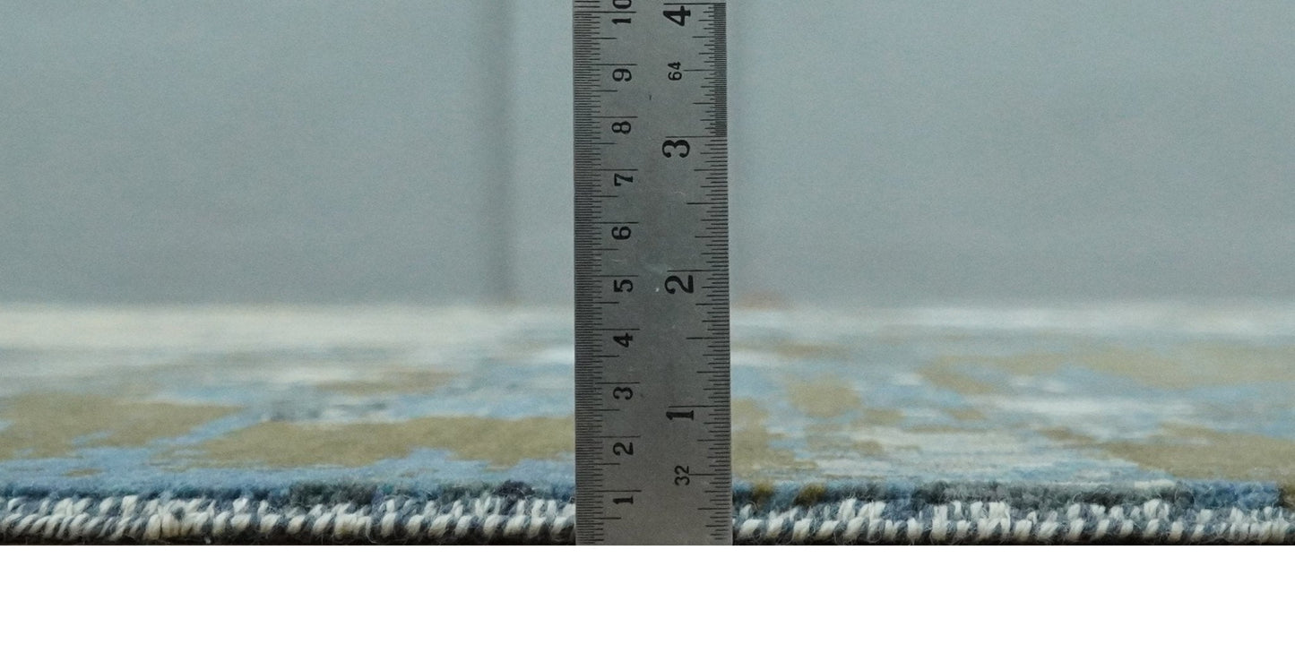 9x12 Fine Hand Knotted Beige and Blue Modern Abstract Style Antique Wool and Silk Area Rug