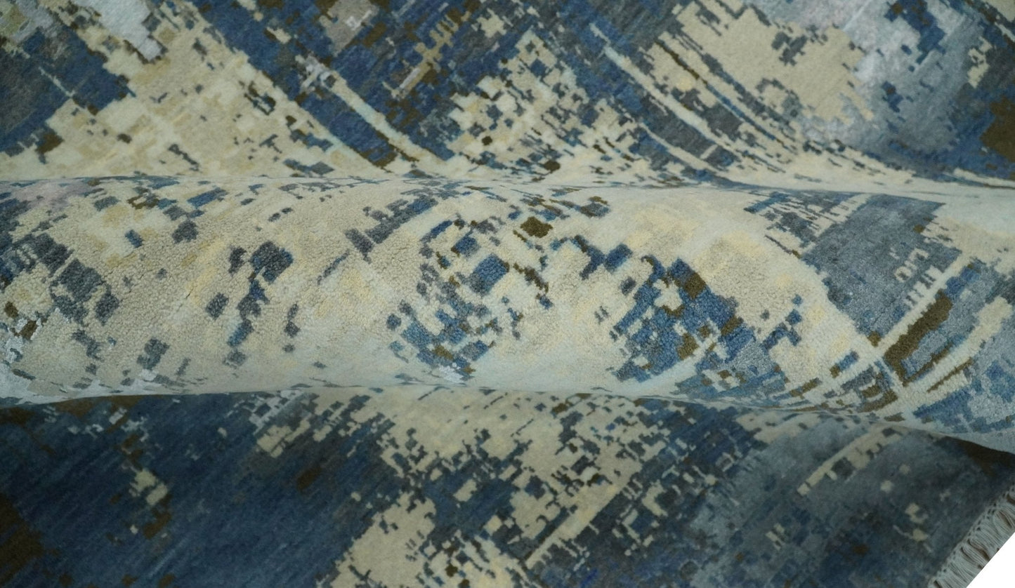 9x12 Fine Hand Knotted Beige and Blue Modern Abstract Style Antique Wool and Silk Area Rug