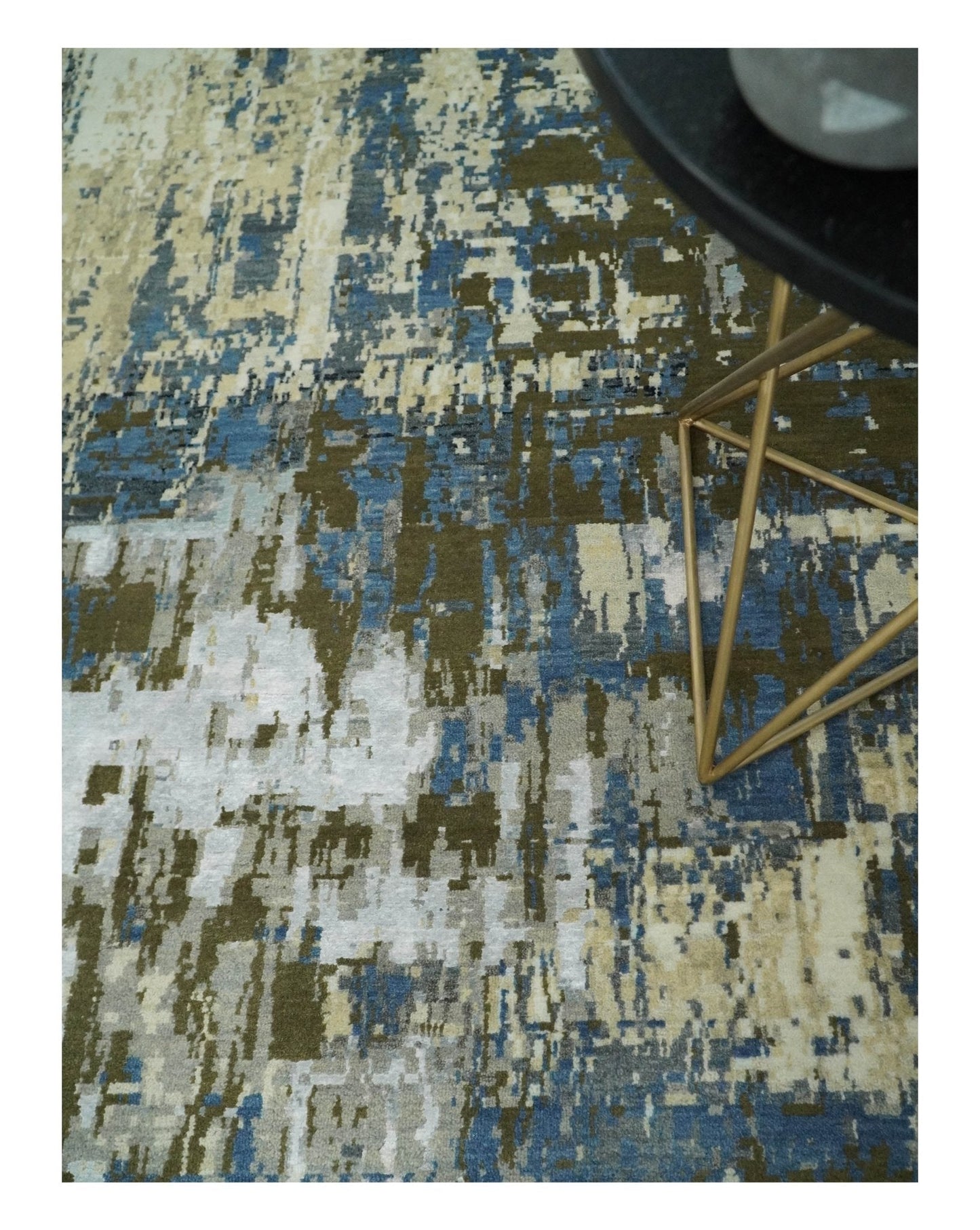 9x12 Fine Hand Knotted Beige and Blue Modern Abstract Style Antique Wool and Silk Area Rug