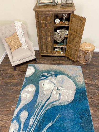 Abstract Jellyfish Rug – Ocean Blue – detail view