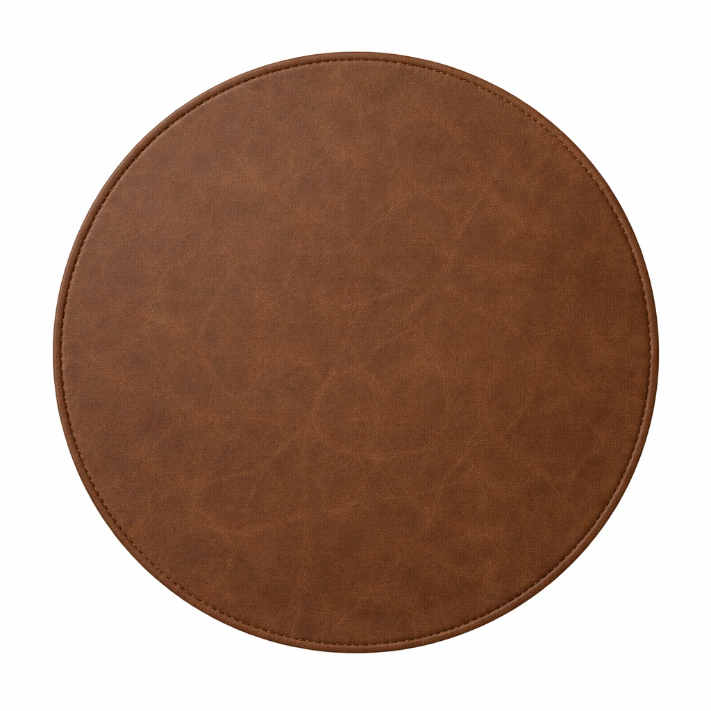 Round brown leather placemat on a white background
