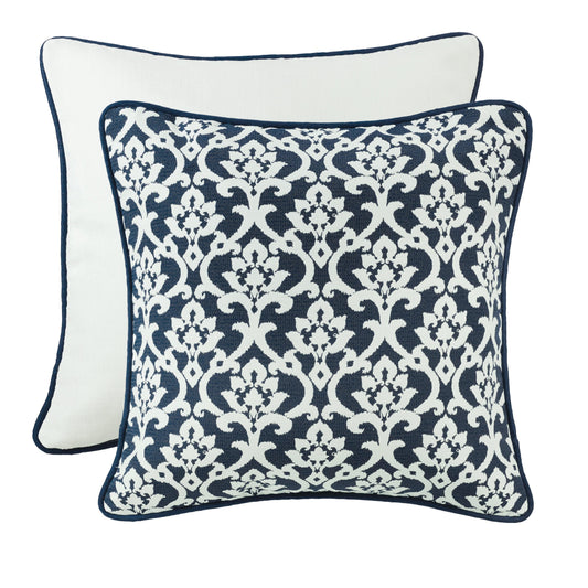 Navy & White Floral Jacquard Piping Detailed Euro Sham