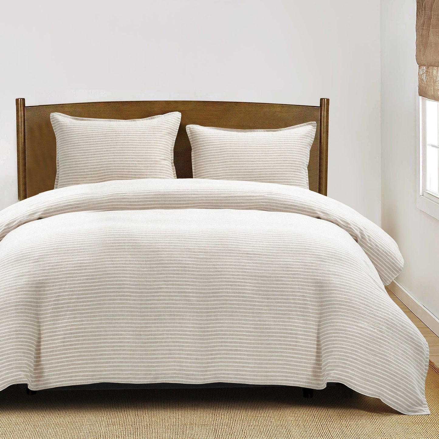 100% French Flax Linen Railroad Stripe Duvet Cover Set, 3 Pc