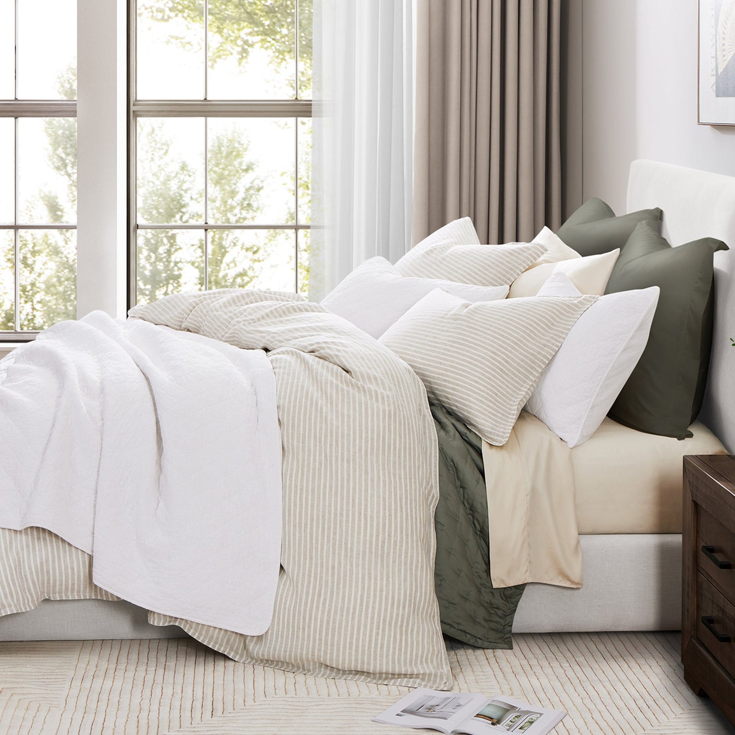 100% French Flax Linen Railroad Stripe Duvet Cover Set, 3 Pc