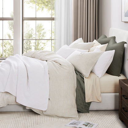 100% French Flax Linen Railroad Stripe Duvet Cover Set, 3 Pc