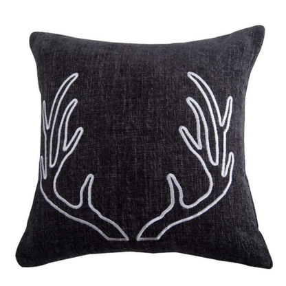 Hamilton Gray Chenille Embroidered White Antler Pillow Cabin Rugs and Furnishings