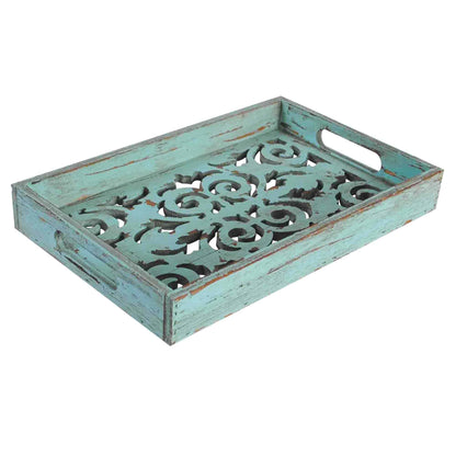 Wooden Decorative Scroll Carved Turquoise Tray