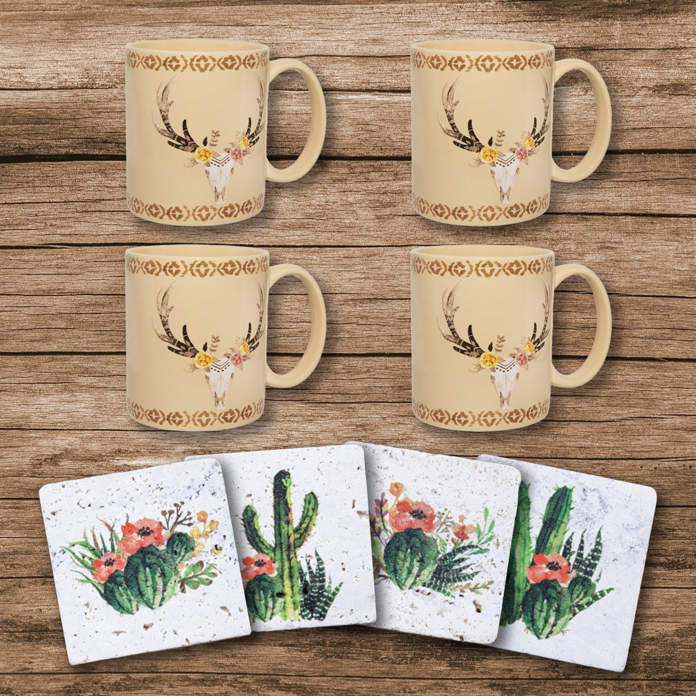 Desert Skull Bohemian Mug & Cactus Blooms Coaster Set, 8 Pc
