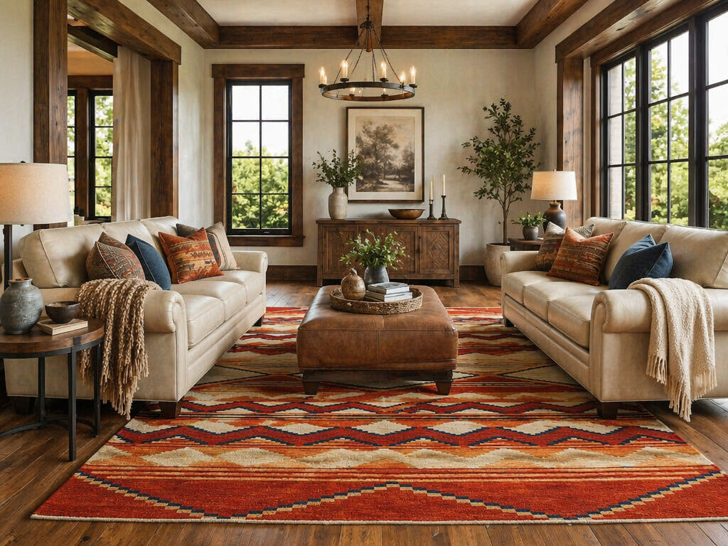 Living room with beige sofas, patterned rug, and wooden furniture.