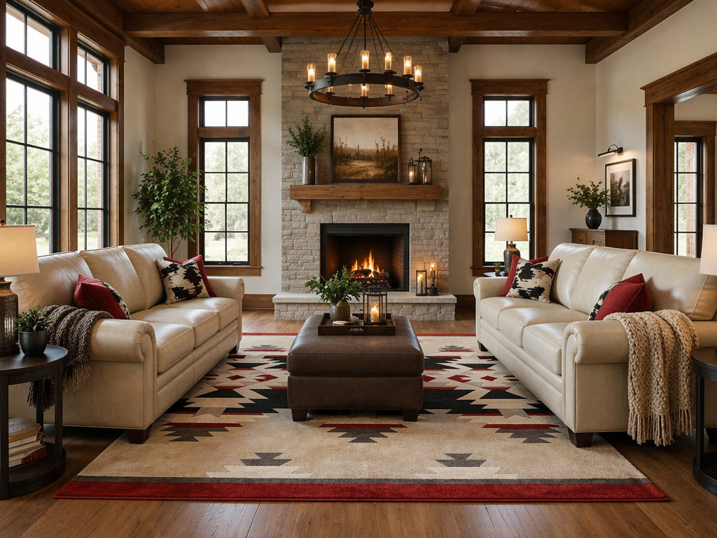 Cozy living room with beige sofas, a fireplace, and decorative elements.