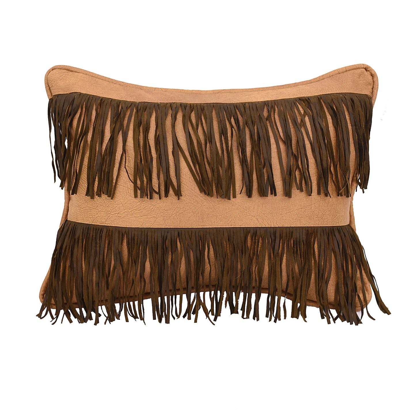 Double Row Fringe Tan Faux Leather Throw Pillow