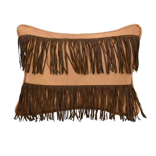 Double Row Fringe Tan Faux Leather Throw Pillow