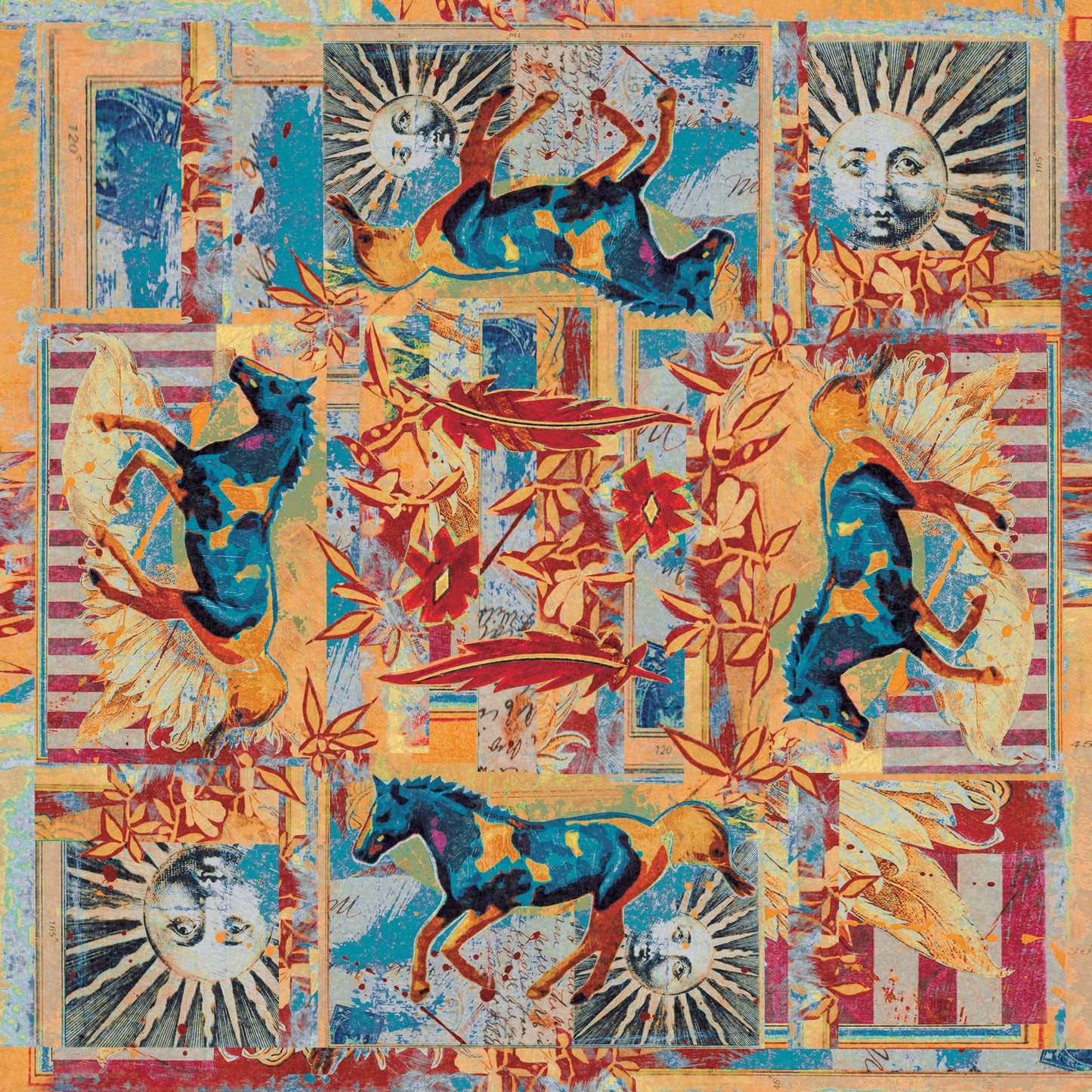 Ruiz Galloping Horses Rug – Teal – close up