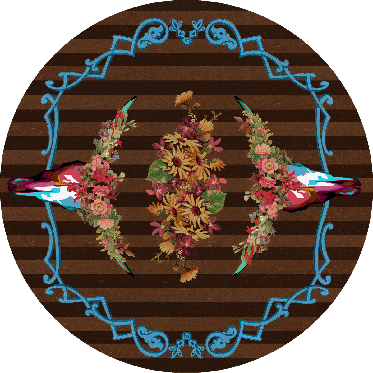 Ruiz Floral Longhorn Rug – Chocolate – close up
