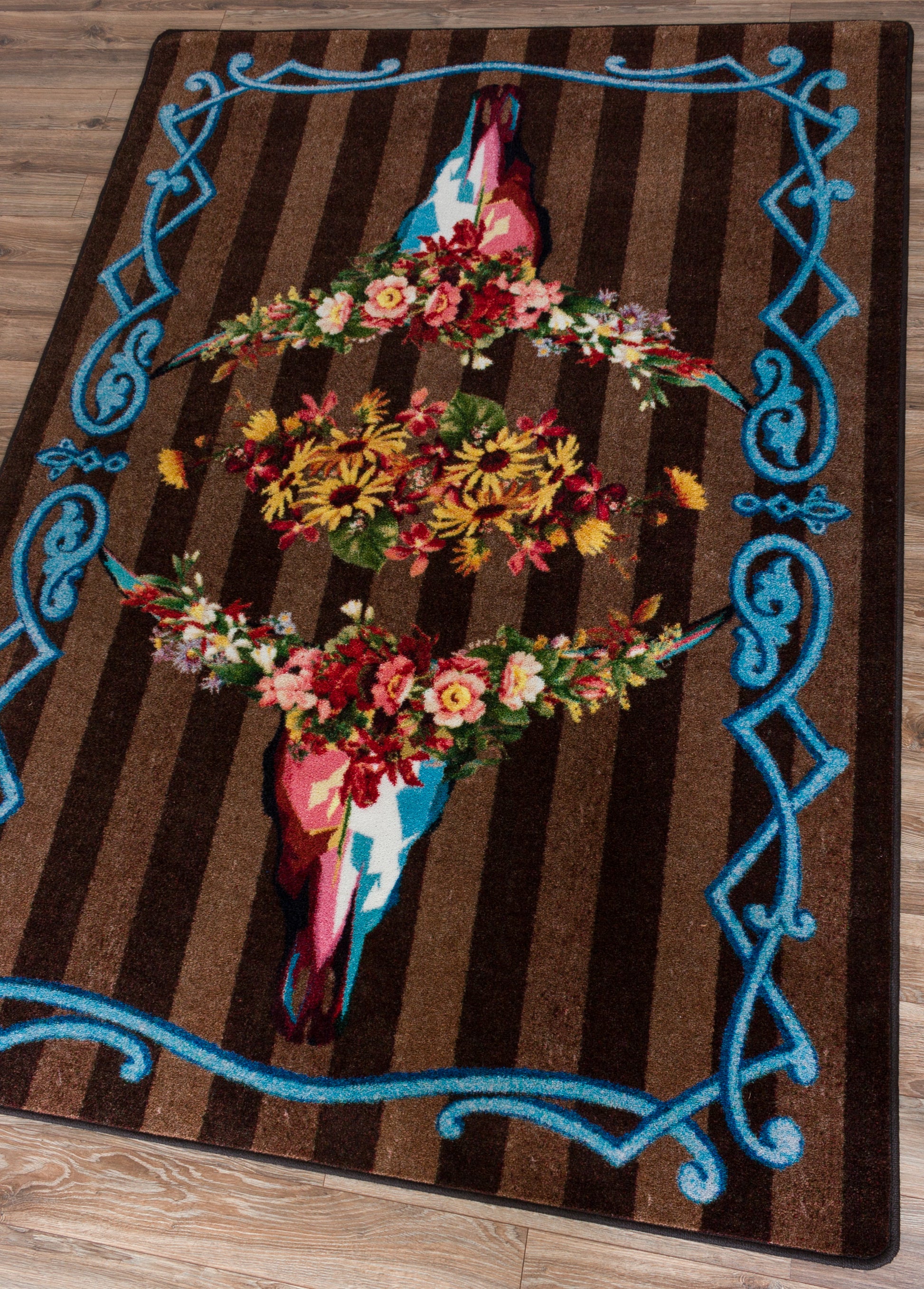 Ruiz Floral Longhorn Rug – Chocolate – detail view